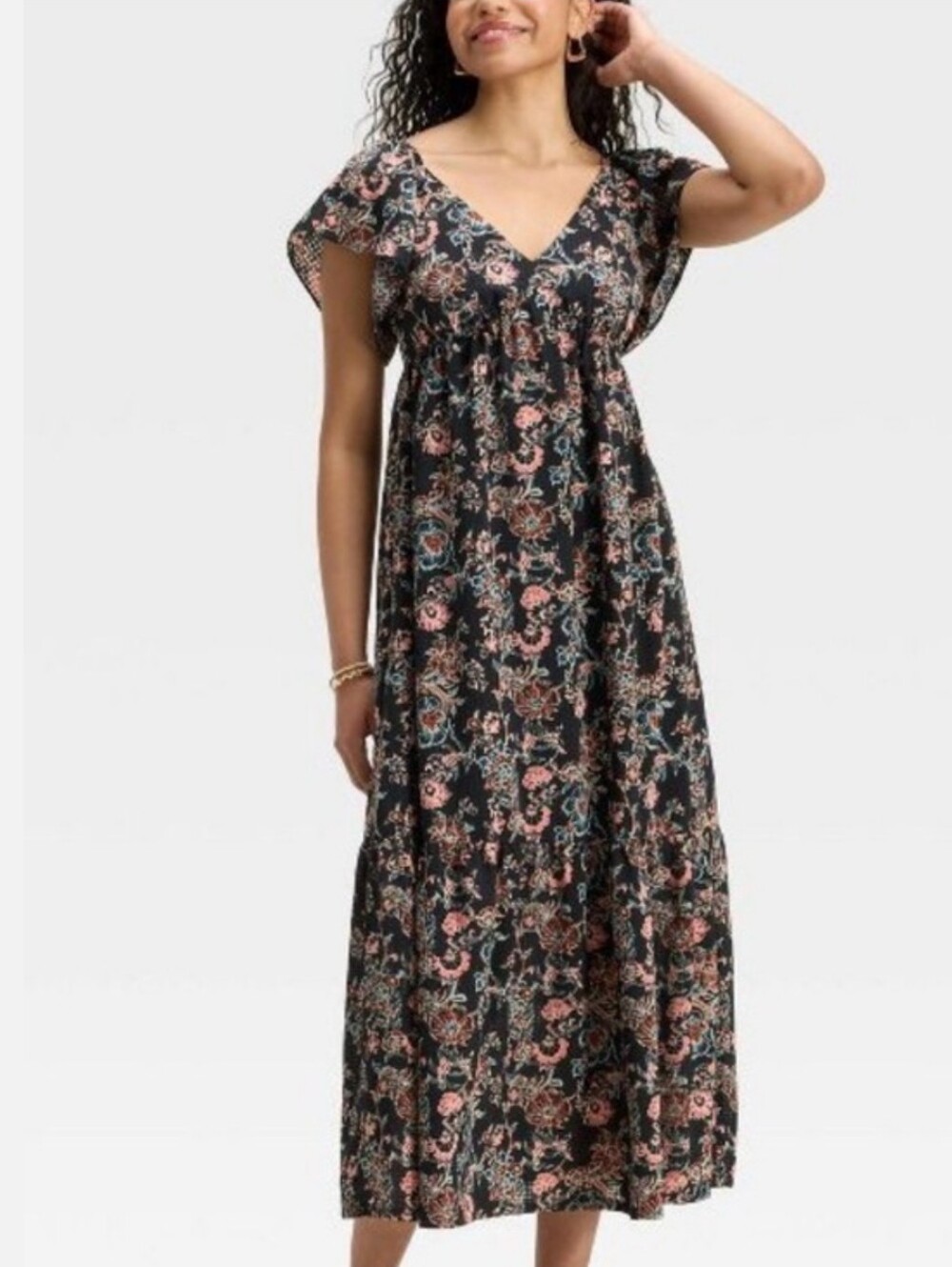 Universal Thread Black Floral Smocked V Neck Flutter Sleeve Maxi Dress